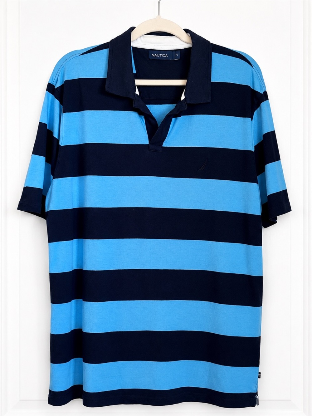 Nautica Blue Navy Striped Polo Shirt Large Short Sleeve Cotton Preppy Golfcore - Picture 1 of 5